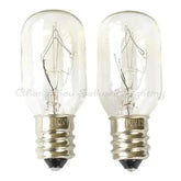 Two clear miniature 110v 15w E12 base incandescent light bulbs with visible filaments